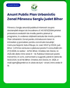 Anunț despre un plan de urbanism din județul Bihor, publicat de APM.