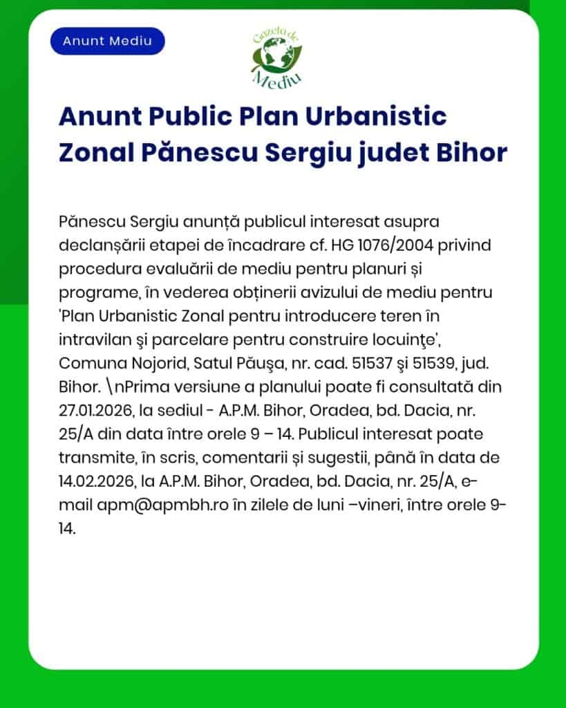 Anunț despre un plan de urbanism din județul Bihor, publicat de APM.