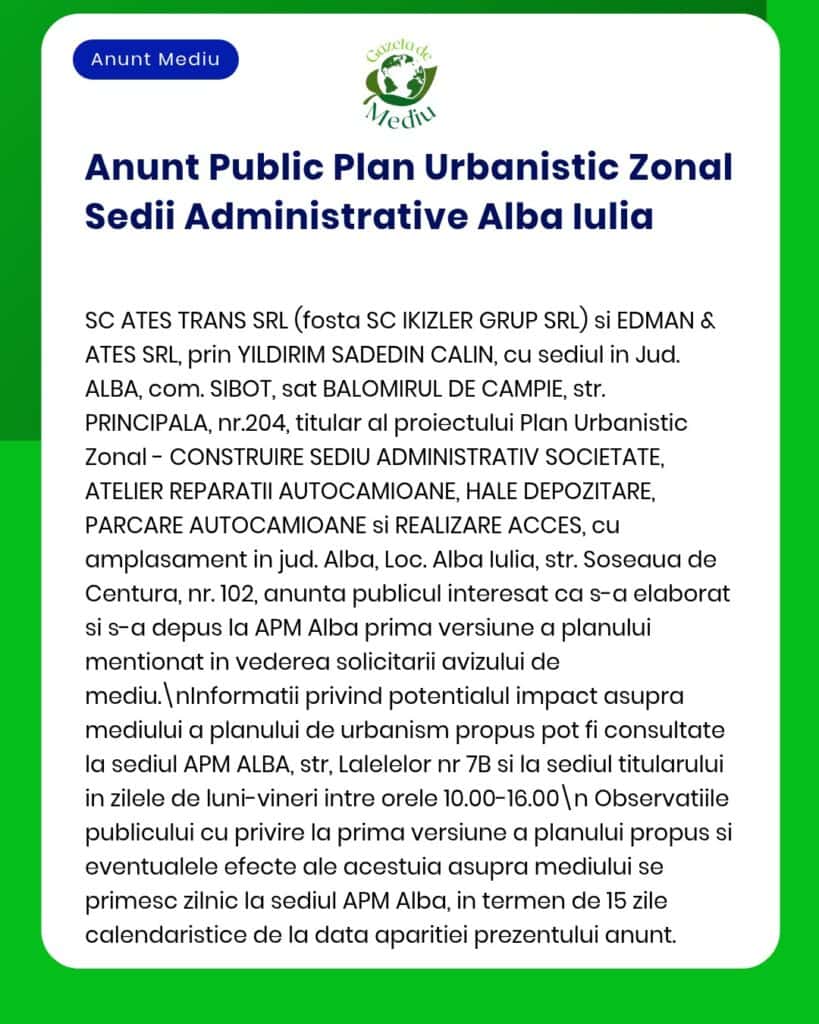 Anunț despre Planul Urbanistic Zonal pentru Alba Iulia, cu detalii despre proiect și nume de companii.