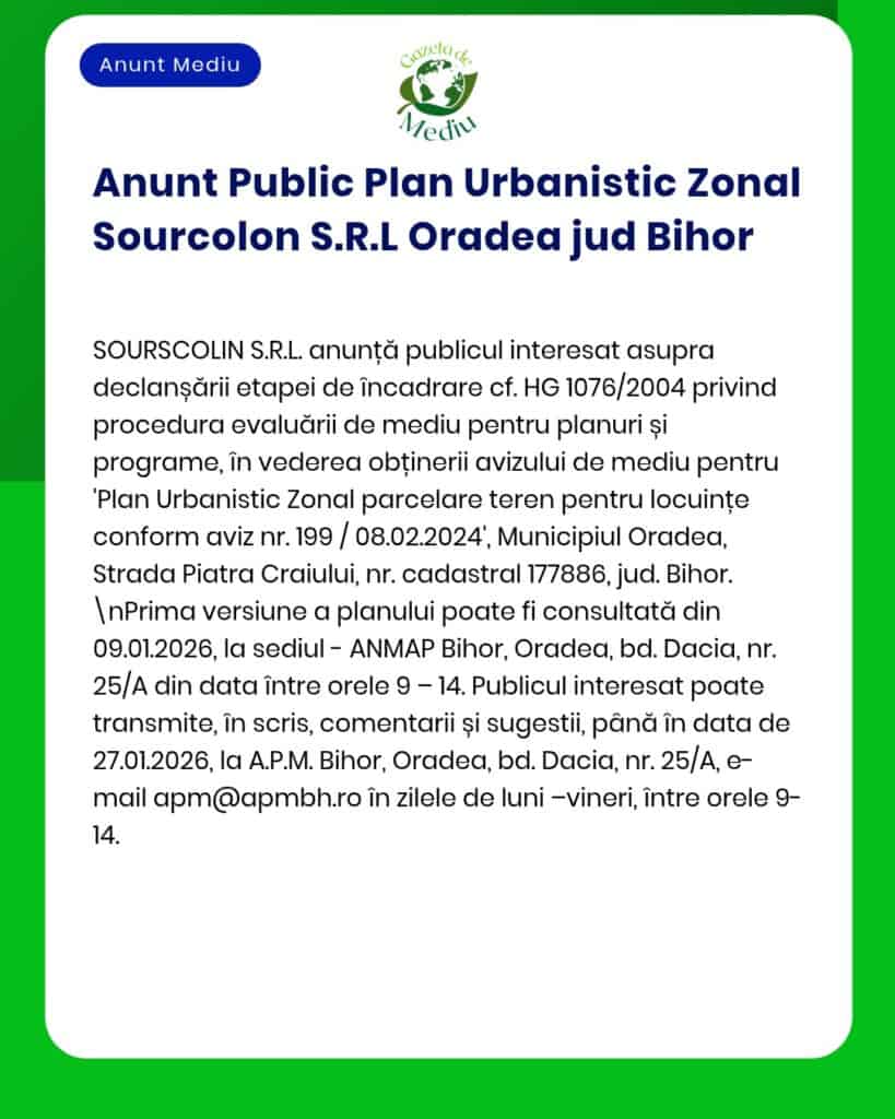 Anunț privind propunerea unui proiect de urbanism în Oradea.