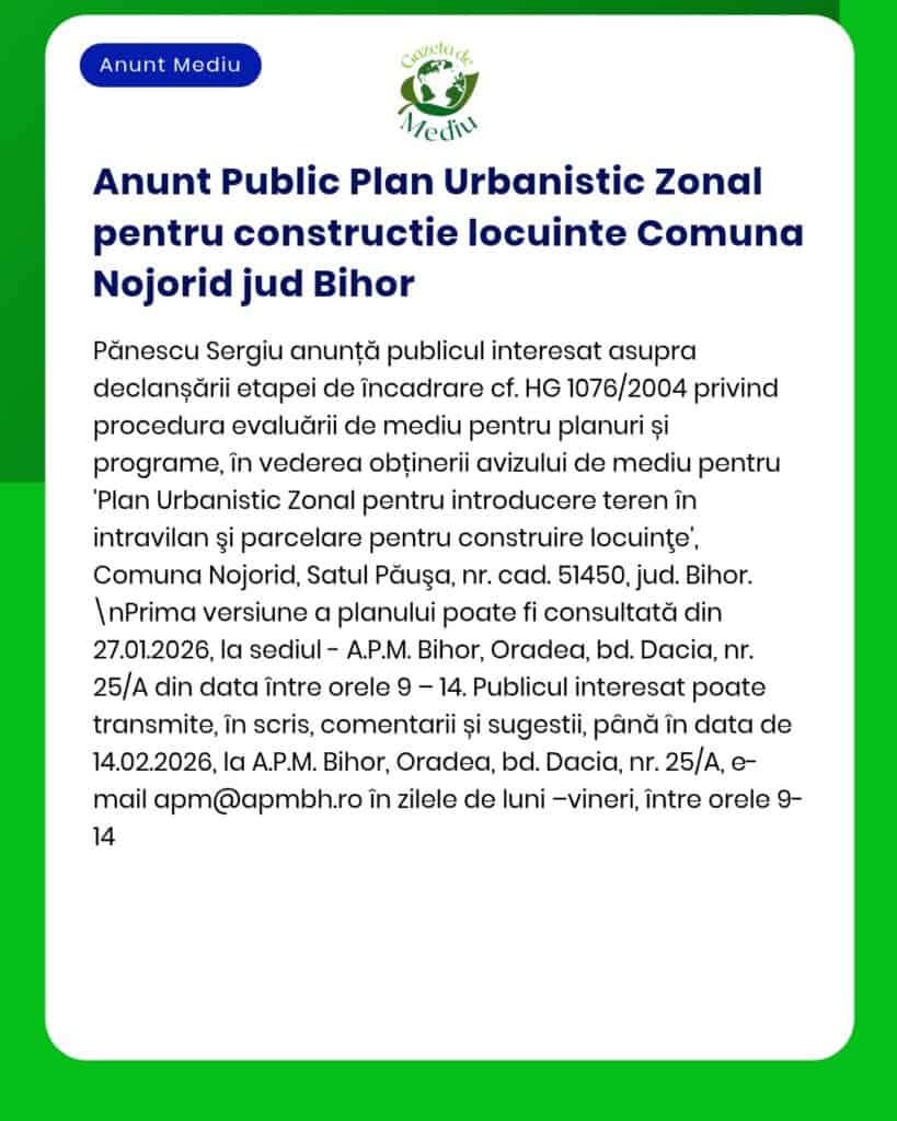 Anunț privind Planul Urbanistic Zonal pentru comuna Nojorid, județul Bihor.