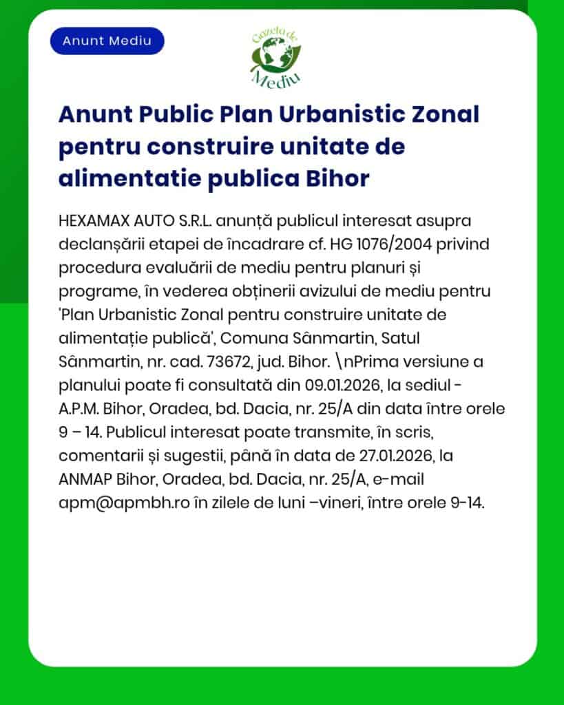 Anunț privind un plan de dezvoltare urbană în Bihor.