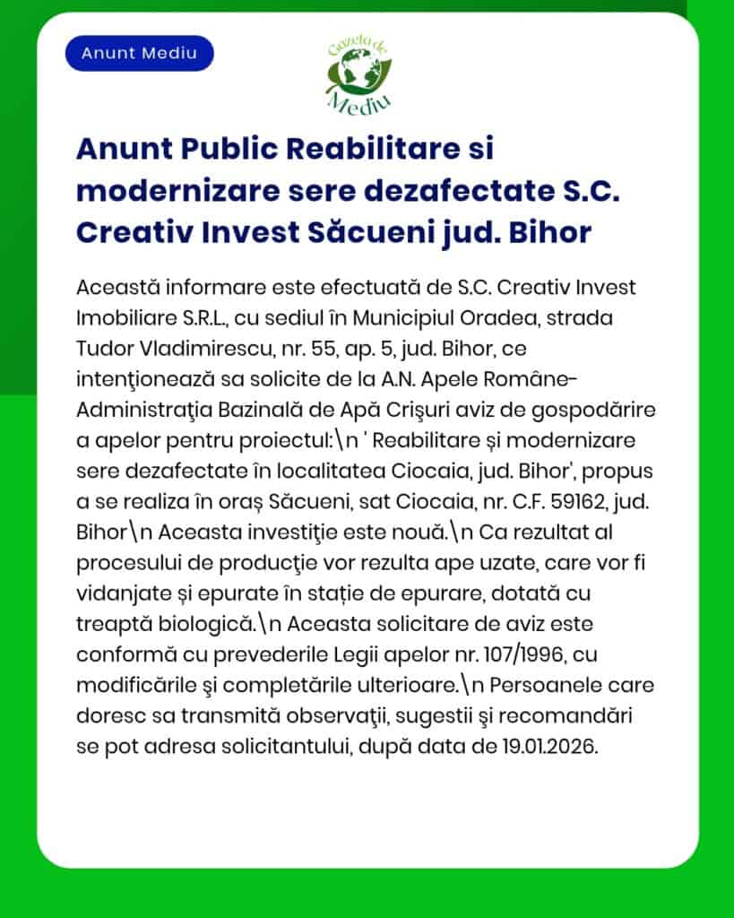 Reabilitare și modernizare stație de epurare Ciocaia, jud. Bihor, realizată de S.C. Creativ Invest Săcueni.