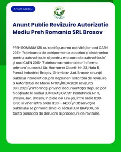 APM revizuiește avizele de mediu pentru PRESH ROMANIA SRL Brașov, perioada 19 iunie-18 iulie 2023.