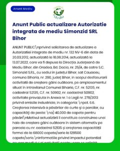 Aviz de mediu actualizat pentru Simonzeti SRL Bihor, cu precizare locație și referințe legale.