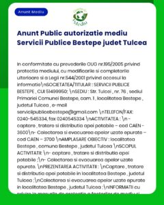 Anunț autorizare de mediu pentru BESTEPE servicii în Tulcea, menționând activități și referințe legale.