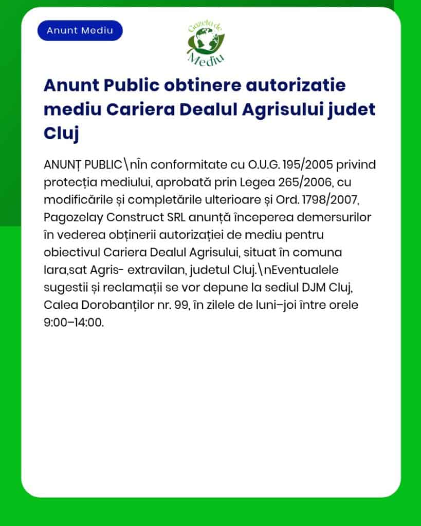Anunț privind solicitarea acordului de mediu pentru Cariera Dealul Agrisului, județul Cluj.