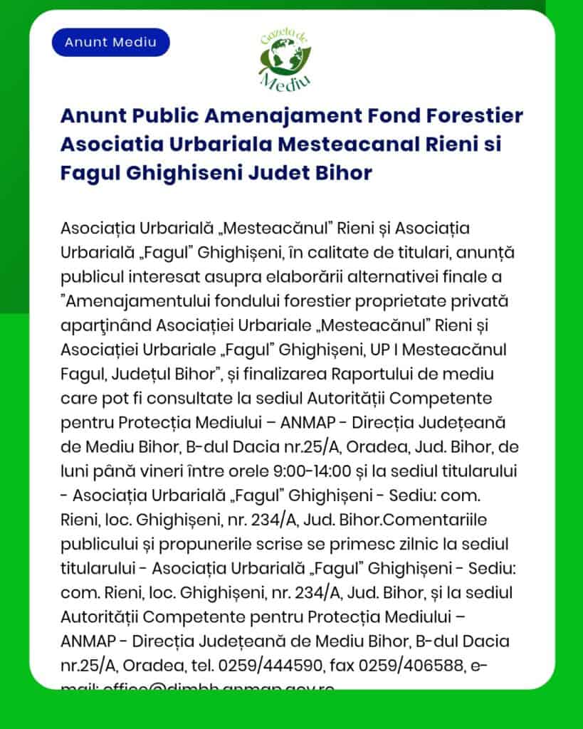 Anunt Public Amenajament Fond Forestier Asociatia Urbariala Mesteacana