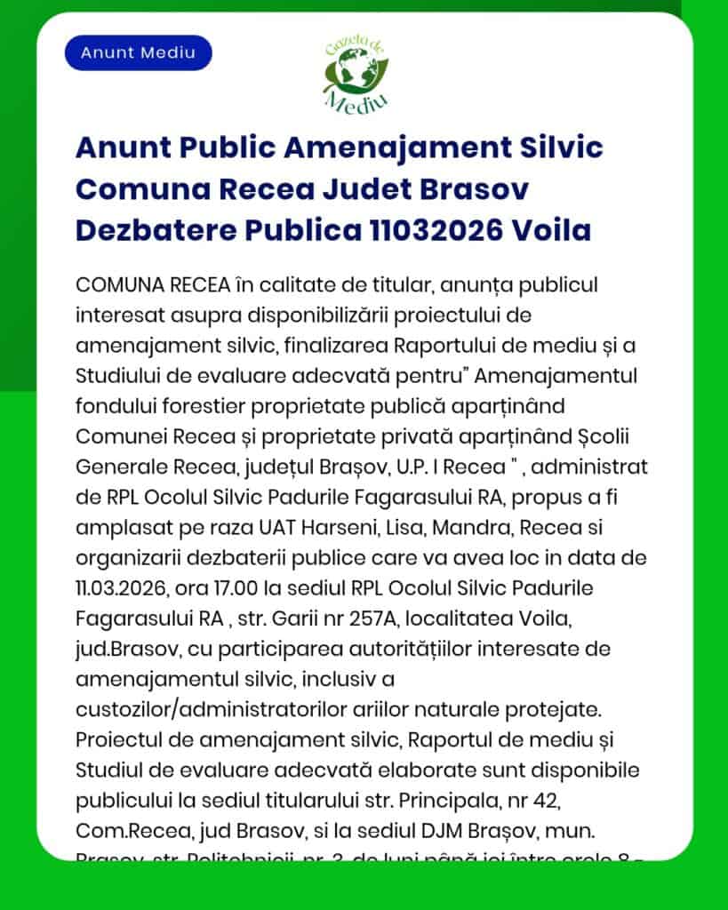 Anunt Public Amenajament Silvic Comuna Recea Judet Brasov Dezbatere Pu