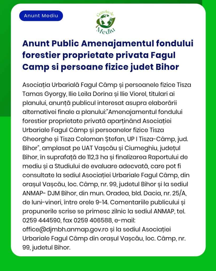 Anunt Public Amenajamentul fondului forestier proprietate privata Fagu