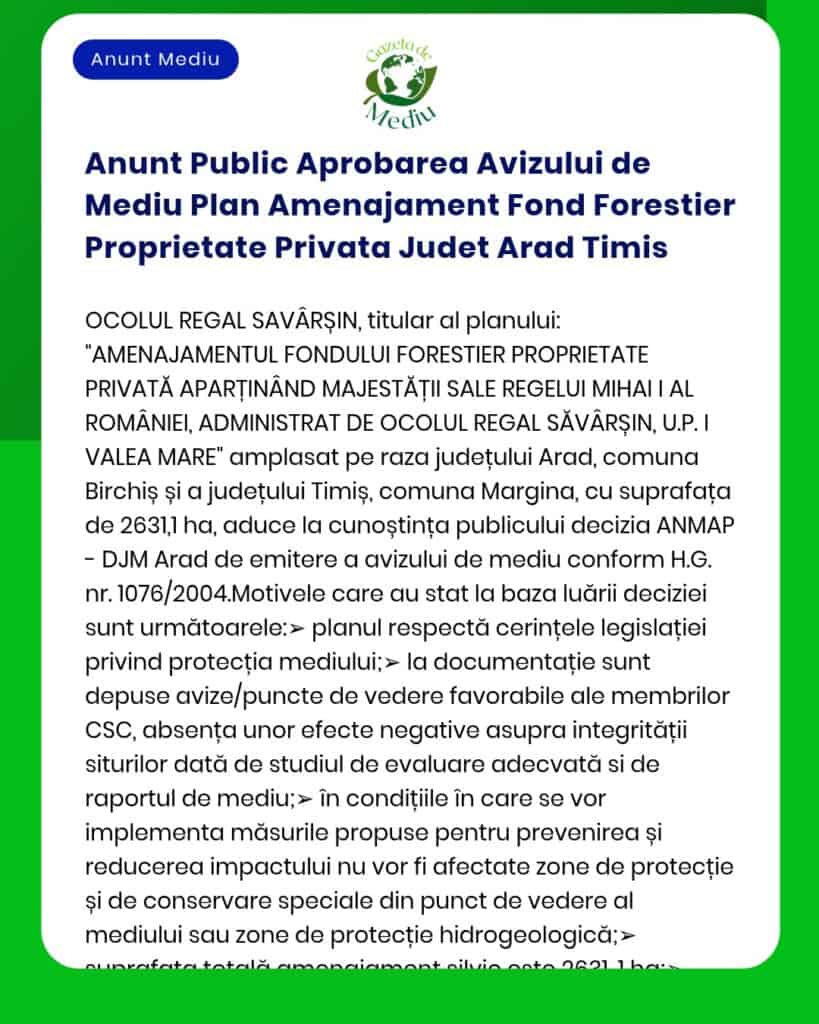Anunt Public Aprobarea Avizului de Mediu Plan Amenajament Fond Foresti