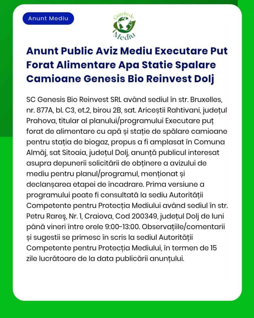 Anunt Public Aviz Mediu Executare Put Forat Alimentare Apa Statie Spal
