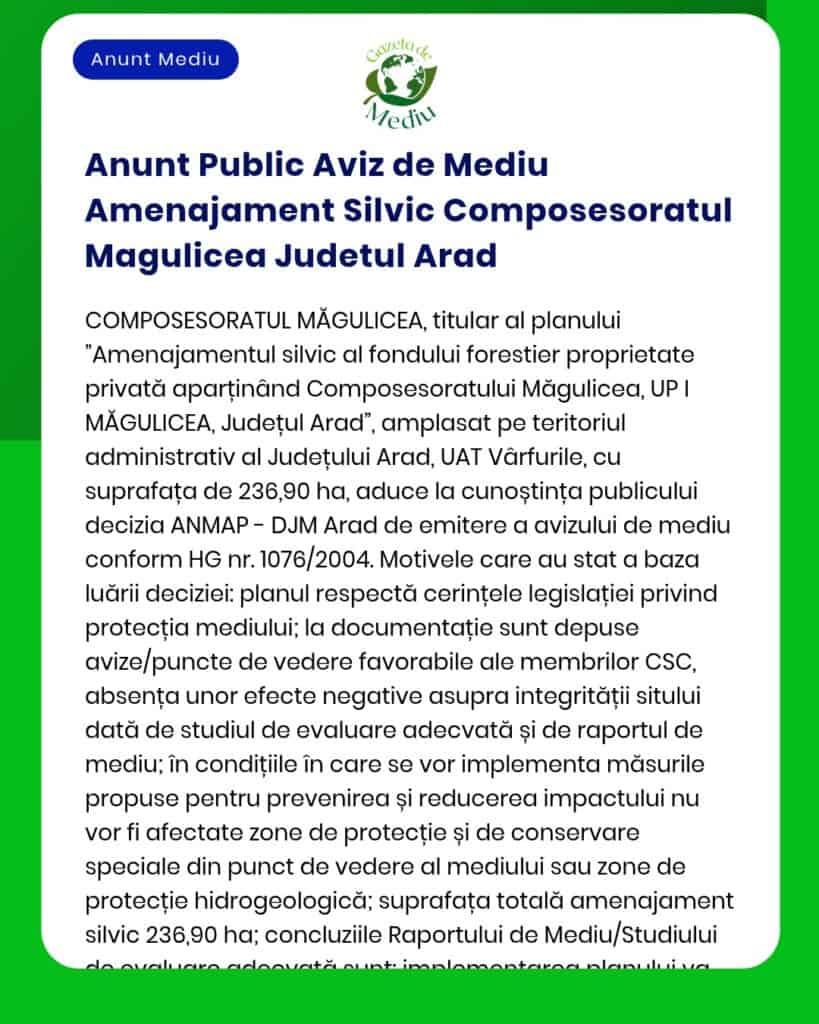 Anunt Public Aviz de Mediu Amenajament Silvic Composesoratul Magulicea