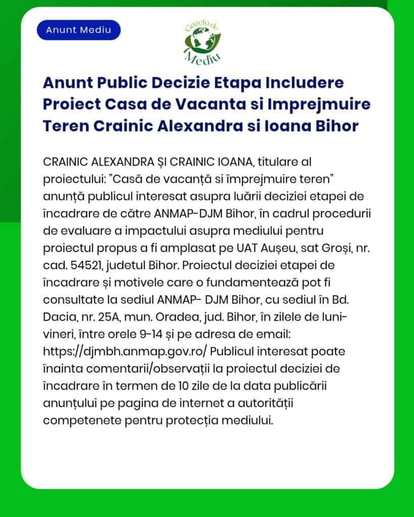 Anunt Public Decizie Etapa Includere Proiect Casa de Vacanta si Imprej