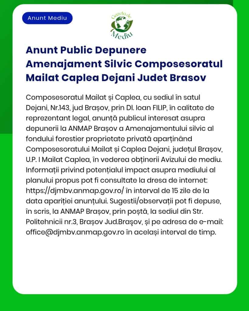 Anunt Public Depunere Amenajament Silvic Composesoratul Mailat Caplea
