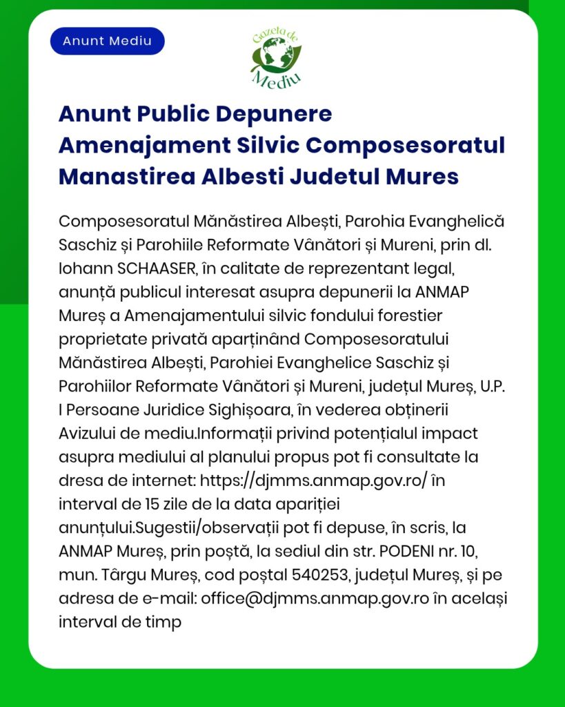 Anunt Public Depunere Amenajament Silvic Composesoratul Manastirea Alb