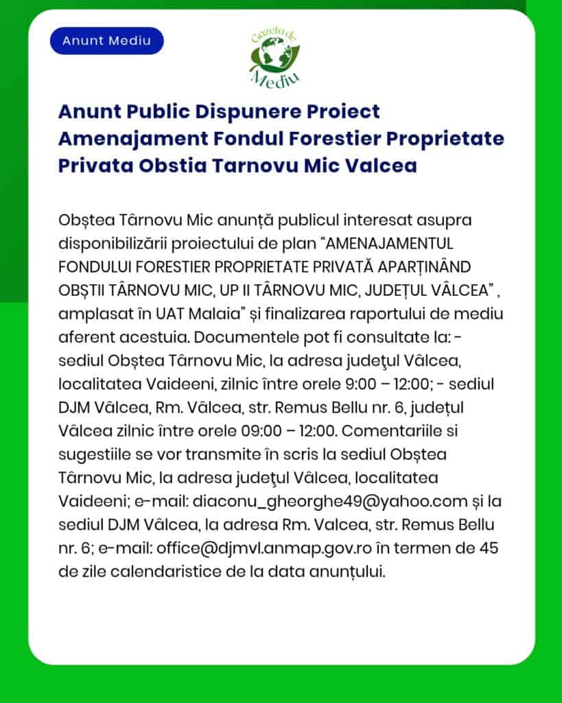 Anunt Public Dispunere Proiect Amenajament Fondul Forestier Proprietat