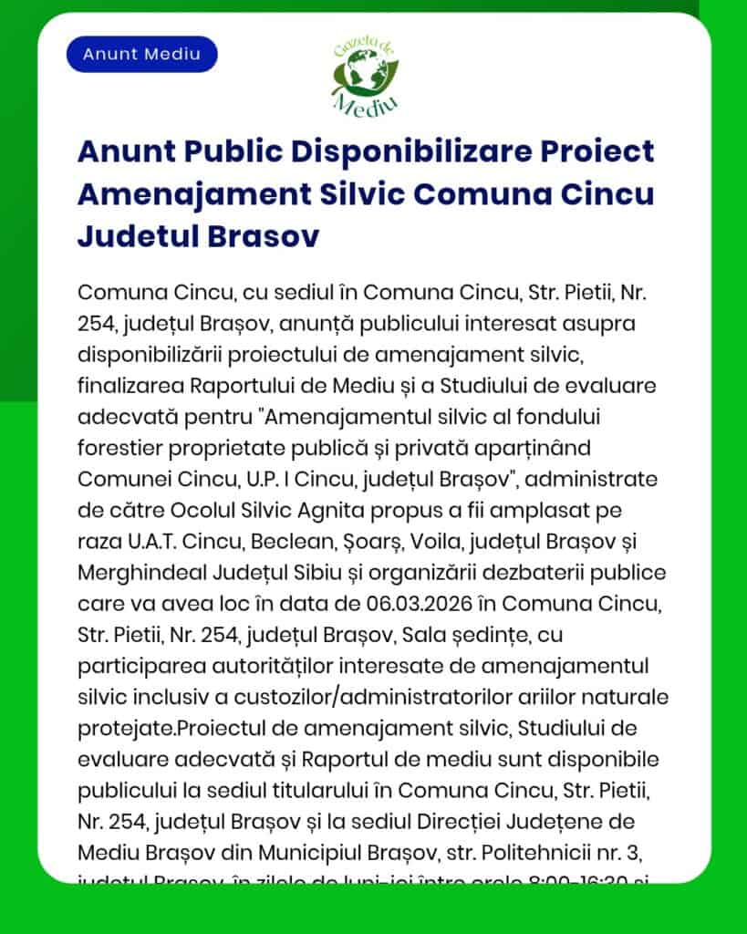 Anunt Public Disponibilizare Proiect Amenajament Silvic Comuna Cincu J