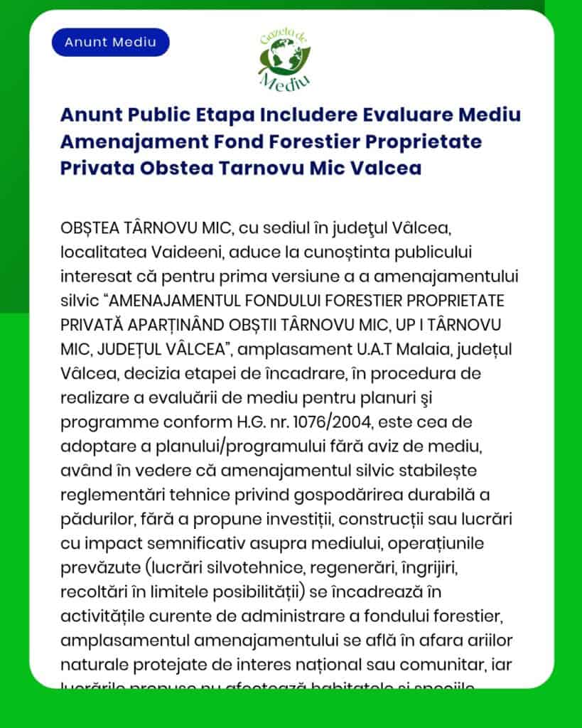 Anunt Public Etapa Includere Evaluare Mediu Amenajament Fond Forestier