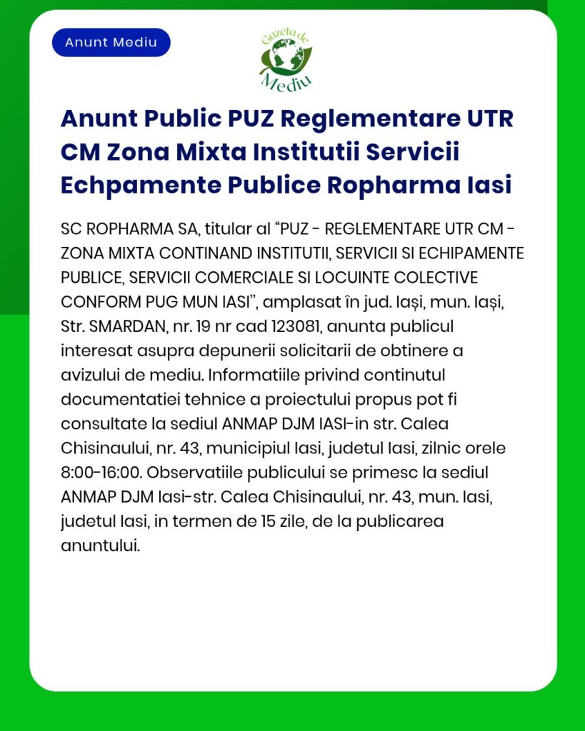 Anunt Public PUZ Reglementare UTR CM Zona Mixta Institutii Servicii Ec