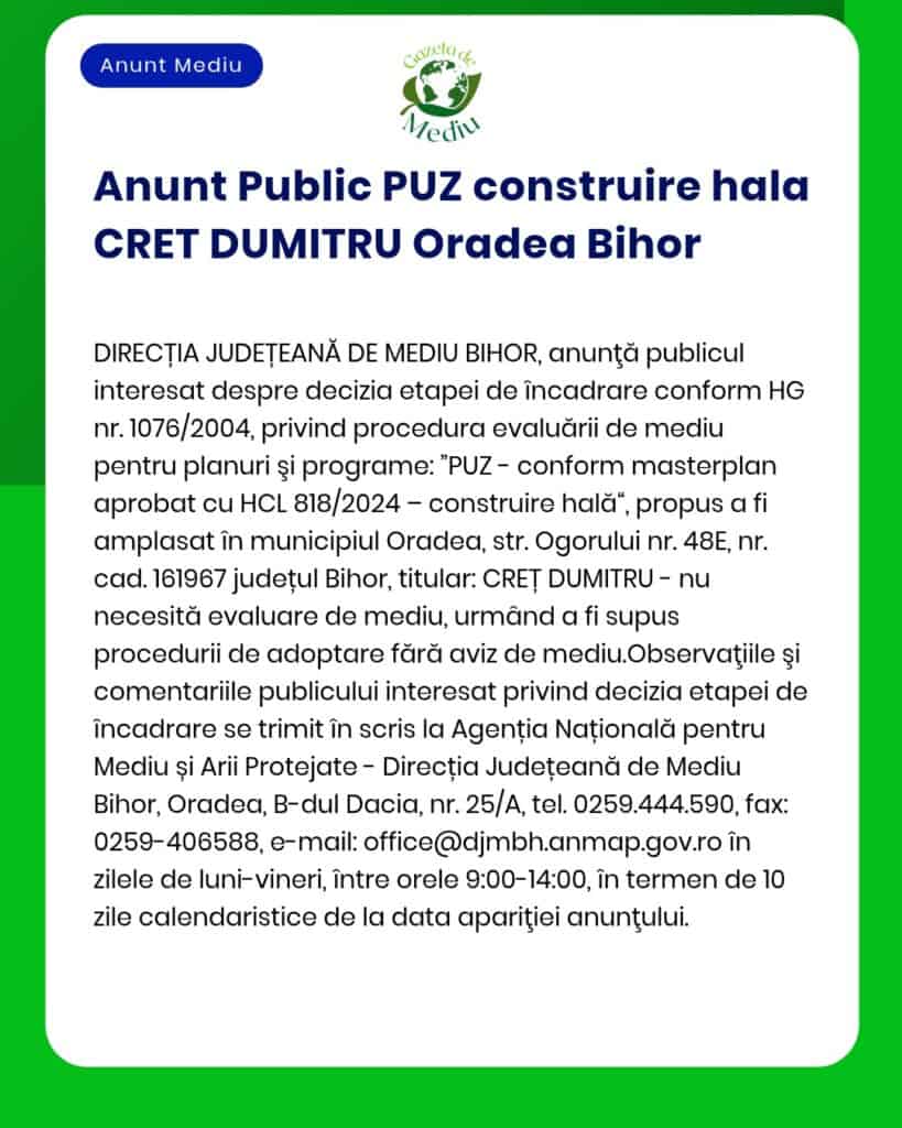 Anunt Public PUZ construire hala CRET DUMITRU Oradea Bihor