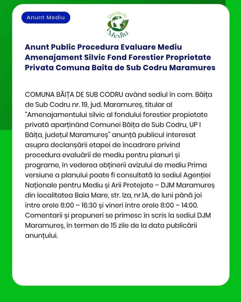 Anunt Public Procedura Evaluare Mediu Amenajament Silvic Fond Forestie