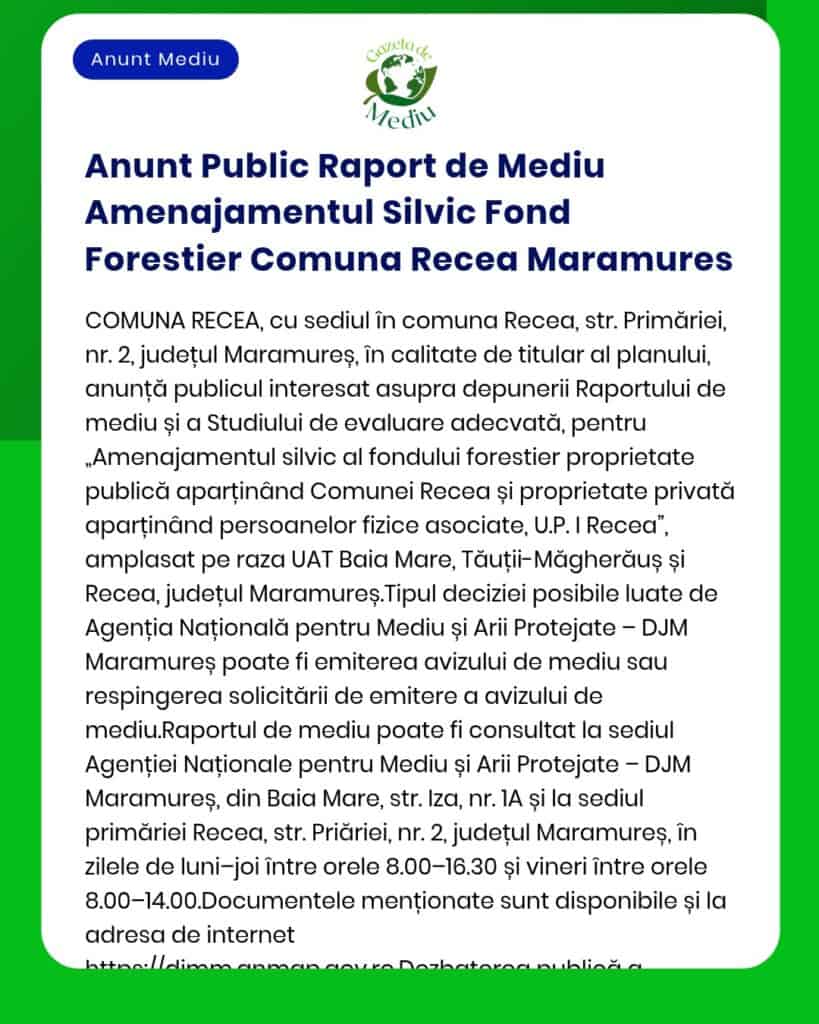 Anunt Public Raport de Mediu Amenajamentul Silvic Fond Forestier Comun