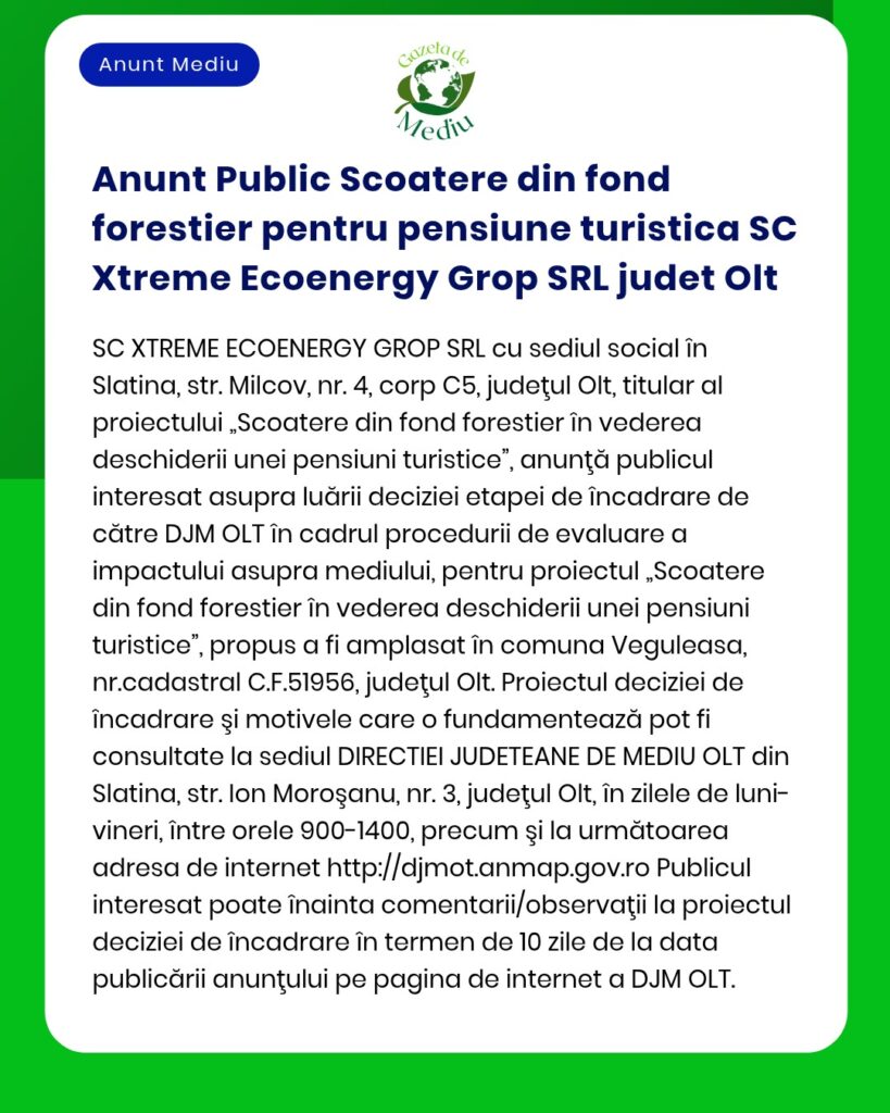 Anunt Public Scoatere din fond forestier pentru pensiune turistica SC