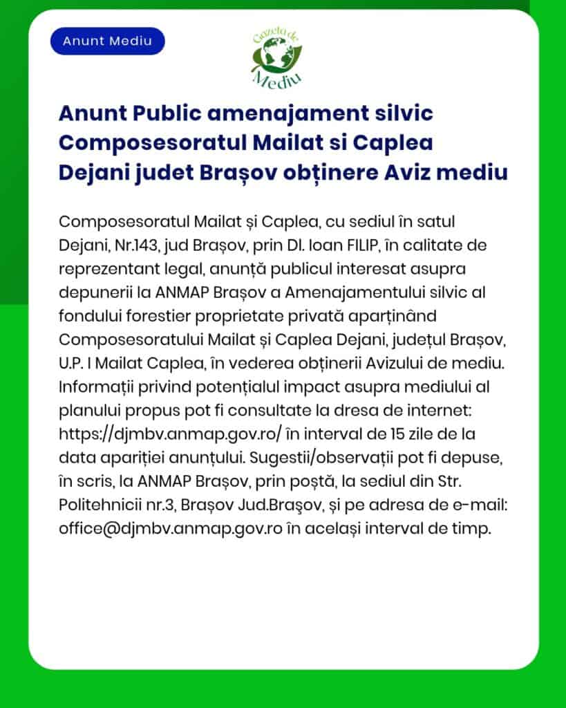 Anunt Public amenajament silvic Composesoratul Mailat si Caplea Dejani