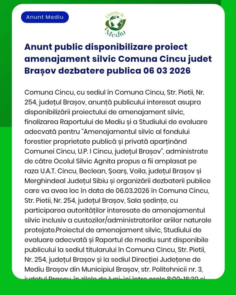 Anunt public disponibilizare proiect amenajament silvic Comuna Cincu j