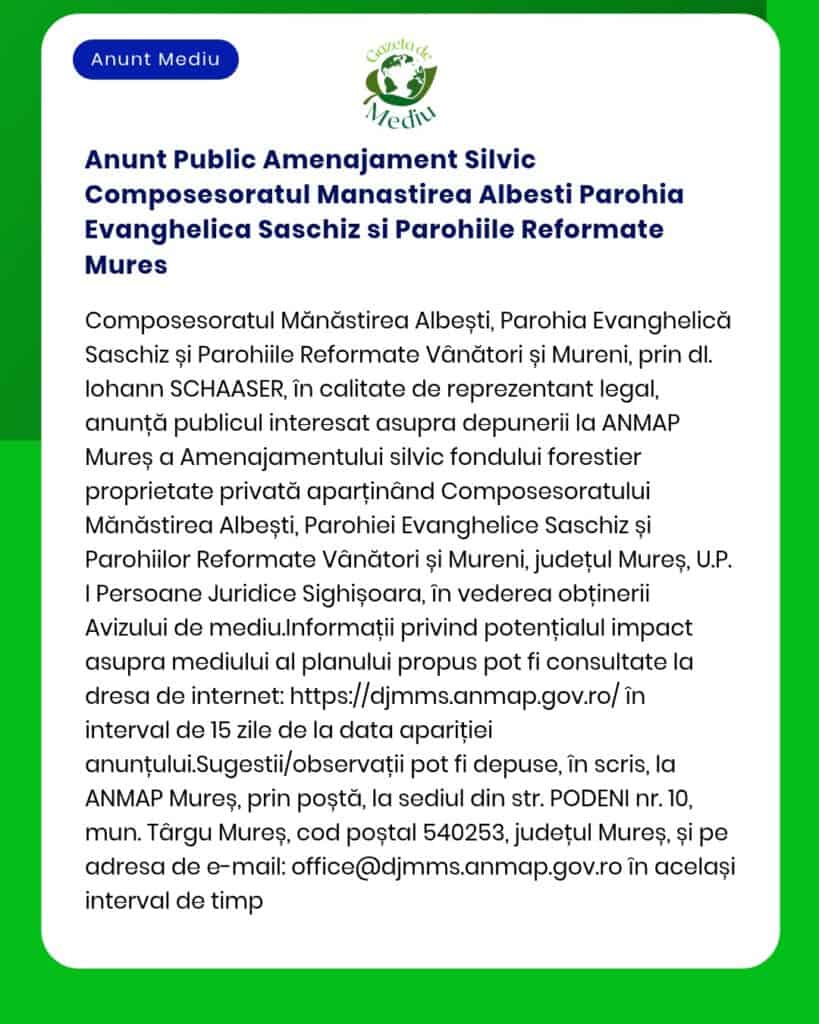 Anunt Public Amenajament Silvic Composesoratul Manastirea Albesti Paro