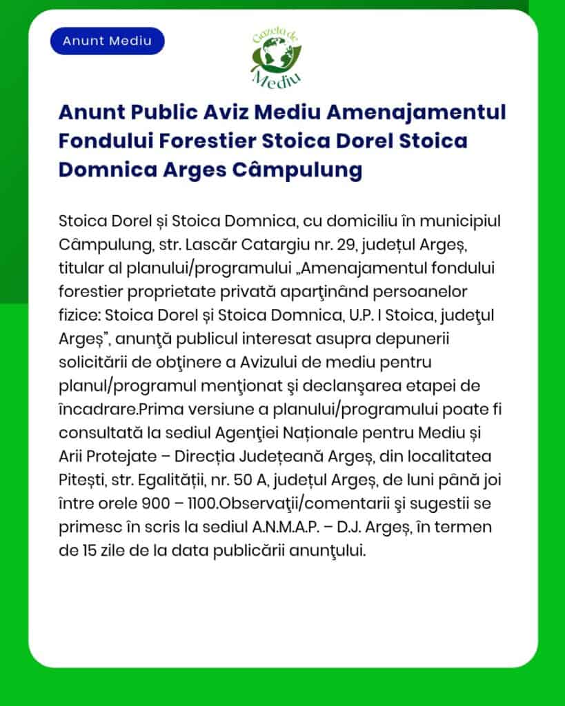 Anunt Public Aviz Mediu Amenajamentul Fondului Forestier Stoica Dorel