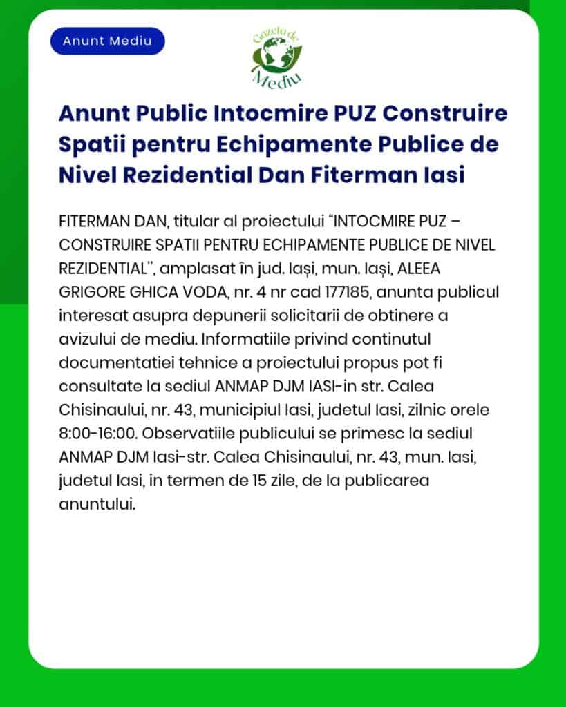Anunt Public Intocmire PUZ Construire Spatii pentru Echipamente Public