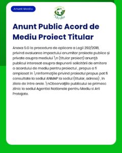 Anunț privind depunerea solicitărilor pentru acord de mediu, emis de APM.