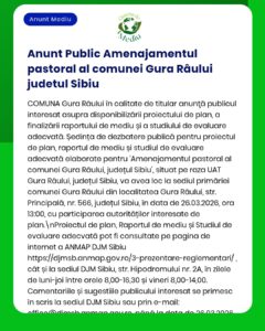 Anunț privind disponibilitatea proiectului de amenajament pastoral și a documentelor de evaluare aferente în Gura Râului, Sibiu.