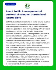 Plan de exploatare pastorală publică pentru comuna Gura Râului, județul Sibiu; detalii despre document și dezbatere publică.