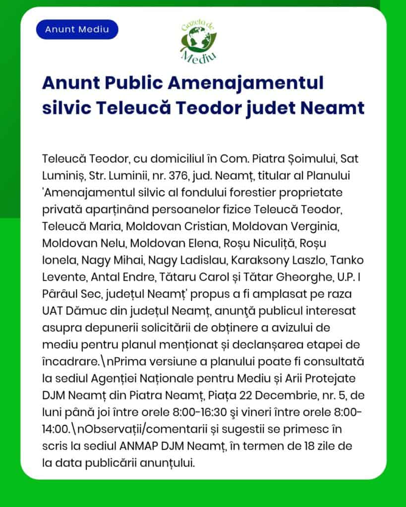 Anunț privind amenajamentul silvic pentru proprietate privată în Teleucă Teodor, Neamț, cu lista persoanelor implicate.