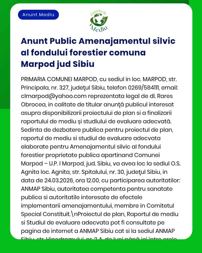 Anunț despre fondul forestier din Marpod, Sibiu, menționând raportul de mediu.