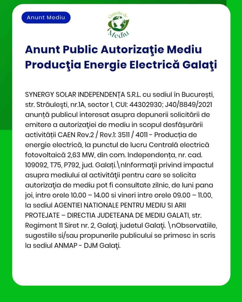 Anunț privind solicitarea avizului de mediu pentru centrală solară independentă în Galați, depus de Synergy Solar Independentă S.R.L.