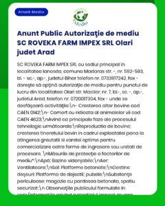 SC ROVEKA FARM IMPEX SRL, autorizare de mediu pentru creșterea bovinelor, județul Arad.