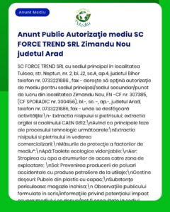 Solicitare autorizare de mediu de către SC FORCE TREND SRL pentru activități desfășurate în Arad și zonele învecinate.