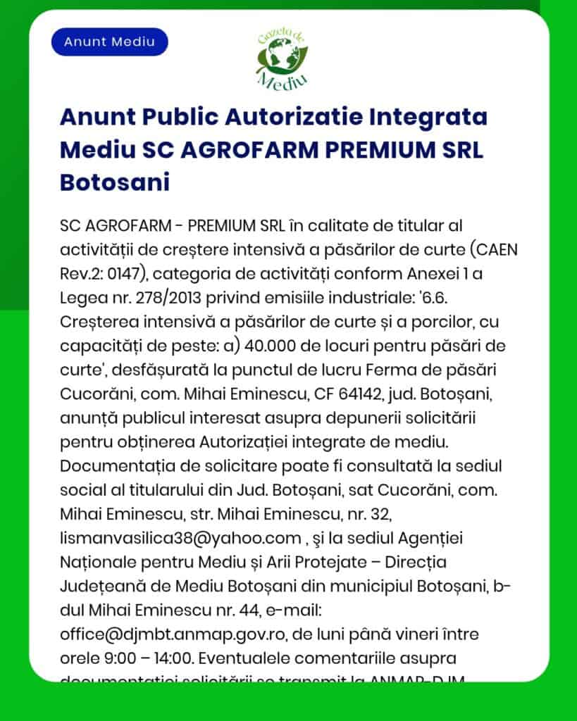 SC AGROFARM PREMIUM SRL solicită acord integrat de mediu pentru creșterea păsărilor și porcilor.