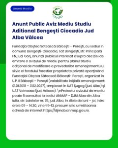 Anunț privind un studiu de mediu derulat în Bergești-Ciocadia, Gorj, de Fundația Obștea Sătească Bălcești-Peresti.