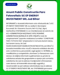 SC EP ENERGY INVESTMENT SRL solicită aviz pentru construire parc fotovoltaic în Săcueni, Bihor.
