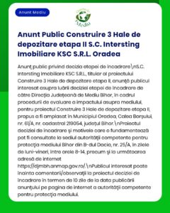 APM anunță decizia privind proiectul de construire a 3 hale de către S.C. Intersting Imobiliare KSC S.R.L. în Oradea.