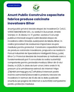 Anunț privind construirea unei fabrici de produse din magnezie calcinată în Bihor, detalii despre evaluarea APM.
