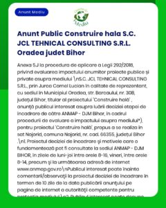 Anunț privind procedura de evaluare a impactului asupra mediului pentru proiectul construcție în Oradea, jud. Bihor.