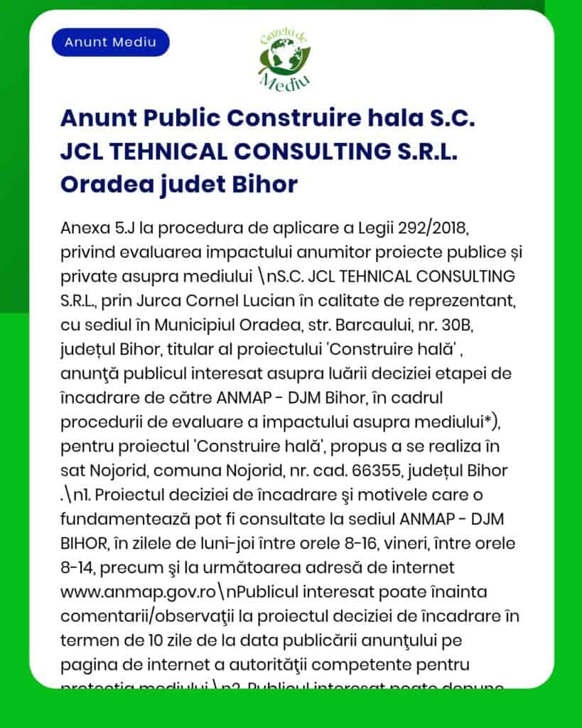 Anunț privind procedura de evaluare a impactului asupra mediului pentru proiectul construcție în Oradea, jud. Bihor.