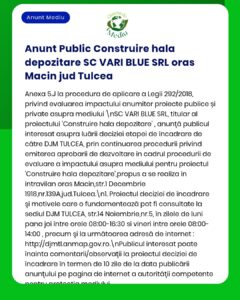 Anunț privind proiectul depozit SC VARI BLUE SRL din Macin, Tulcea, cu detalii despre procedurile legale și interes public.