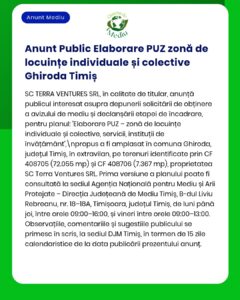 Anunț cu privire la elaborarea unui plan urbanistic zonal pentru zona rezidențială și colectivă în Ghiroda, Timiș.